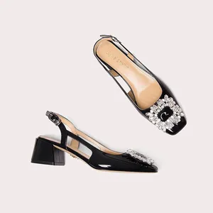 Fashion Trend Elegant Pumps for Ladies Women Elegant Rhinestones Shining Square Toe Sandals