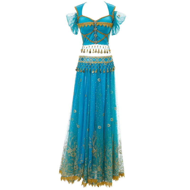 Ladies Halloween Dress up Luxurious Shiny Golden Pattern Indian Cosplay  Aladdin Jasmine Princess Belly Dance Bollywood Costumes