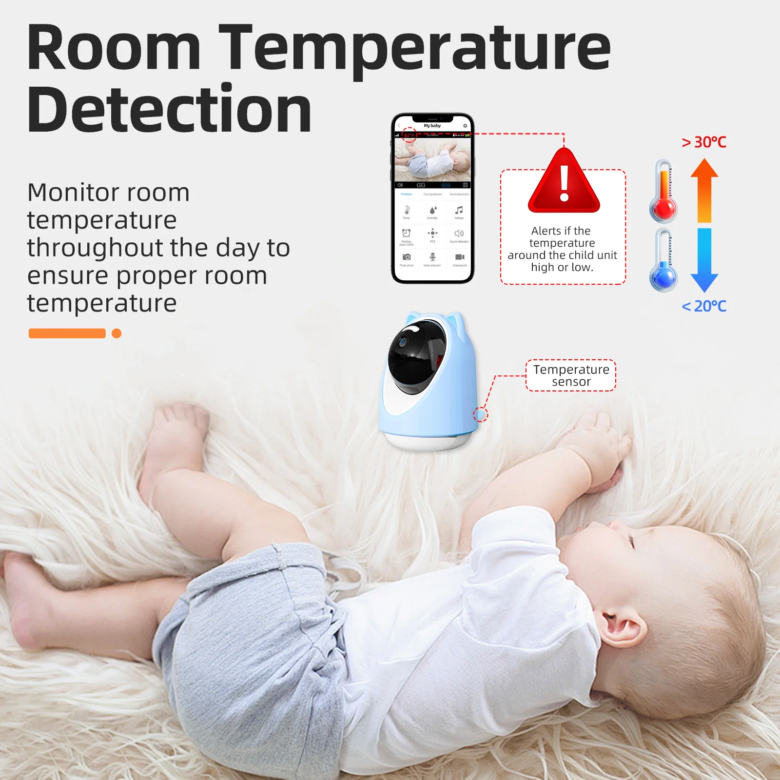 3MP Smart  Camera with Night Vision Temperature  Detection Lullaby Playback Feature Smart Baby Monitor Camera