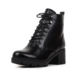 Women Black Leather Ankle Boots Block Heel Cool Edgy Street Style Autumn Winter Office Casual Trendy Shoes Wholesale OEM ODM