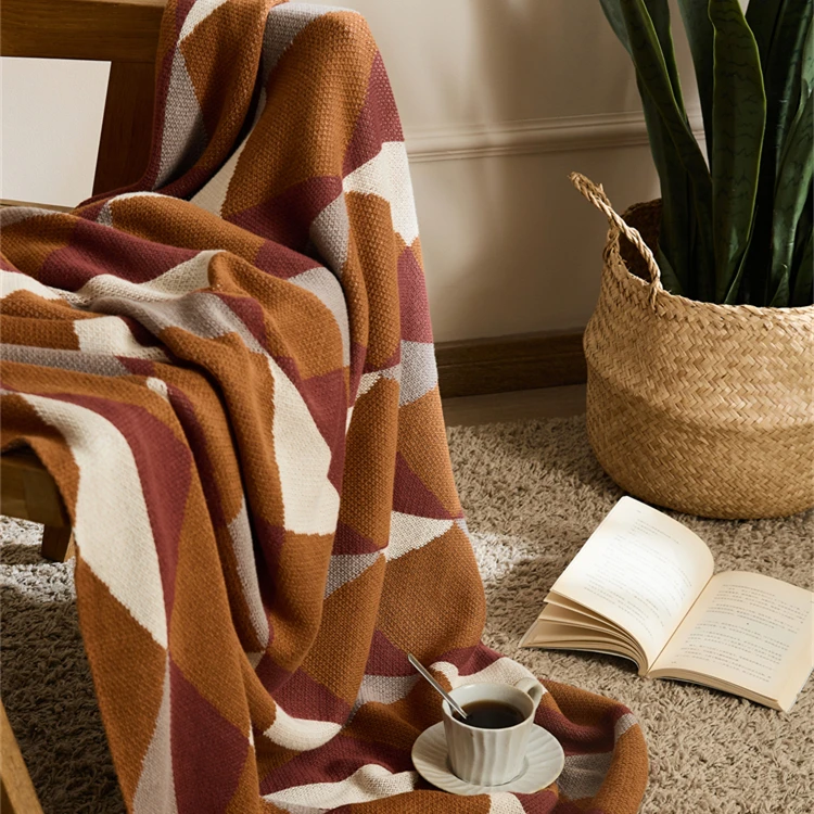 Super Cozy 100% Cotton Blanket  Geometric Jacquard  Knitted Throw Blanket For Home Decoration Sofa And Office MY manufacture