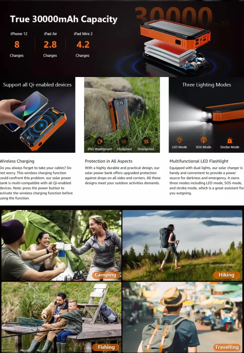 2026 Hot Sale New Product SP0030 Waterproof Solar Power Bank 30000mAh with LED Light and Compass Outdoor Power Bank
