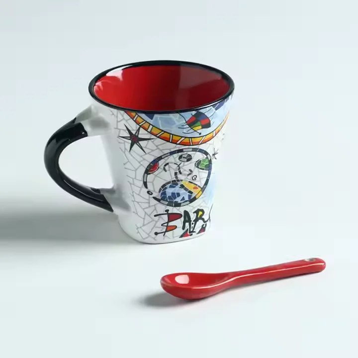 Custom Wholesale Barcelona Classic Design Ceramic Mug With Spoon Bohemian Style for Water Milk Coffee for Tourist Souvenir Gift