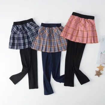 Cute fall girls' trousers school girl uniform skirt with leggings children cotton plaid dress pants kids fake two-piece leggings