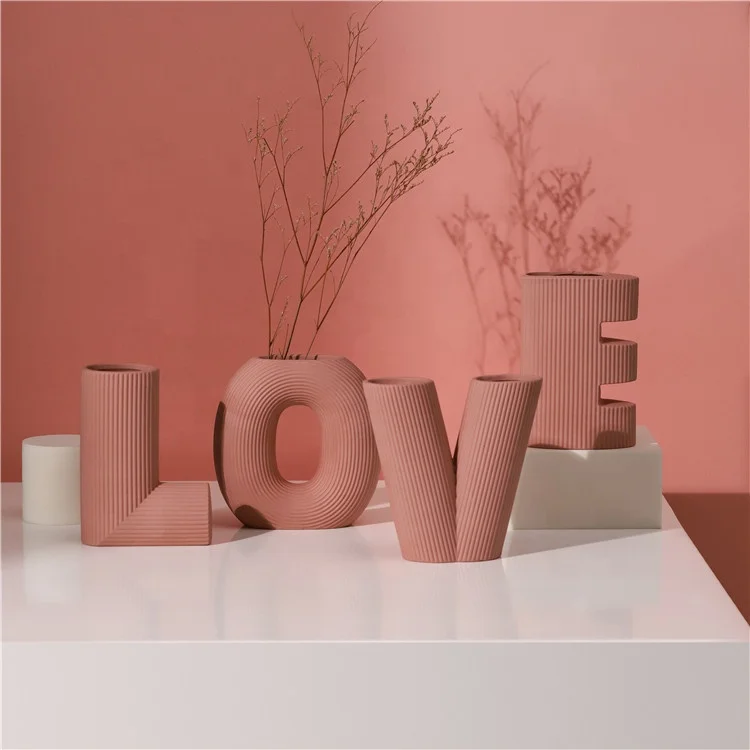 K&B Modern Nordic Morandi Style LOVE Letter Stripe Home Decoration Porcelain Flower Vase Home Goods Ceramic Vases