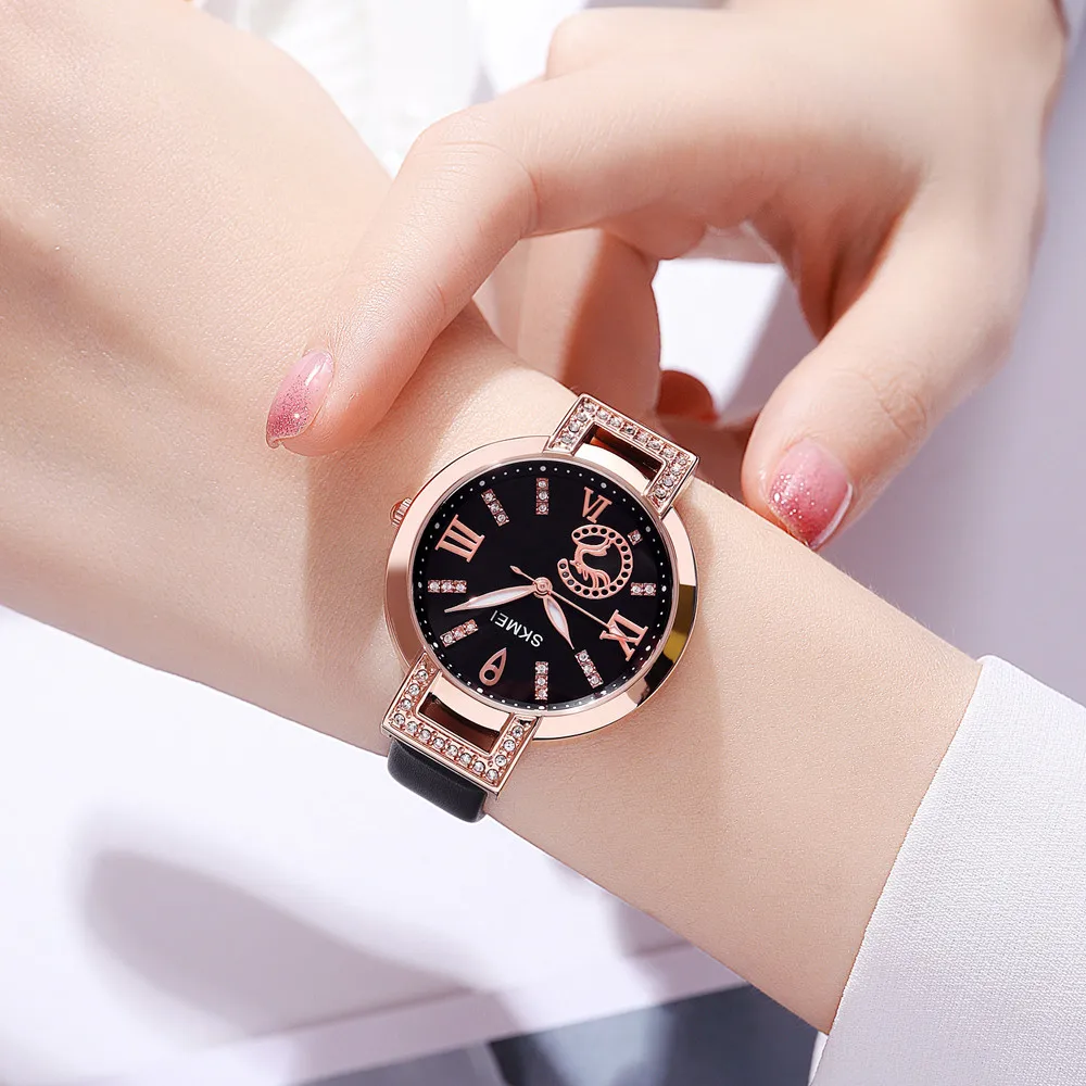 Elegant Skmei 1977 Leather Strap Women Wristwatch Jewelry Minimalist Quartz Watch for Ladies