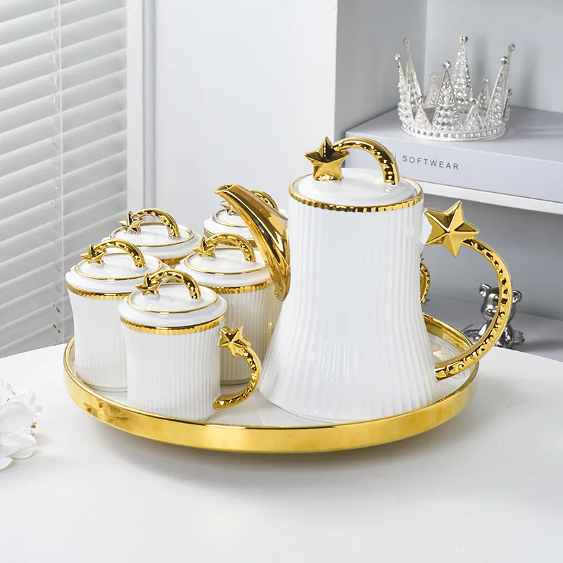 Arabic Ceramic Golden Tea Set with Teapot Milk Pot Sugar Jars