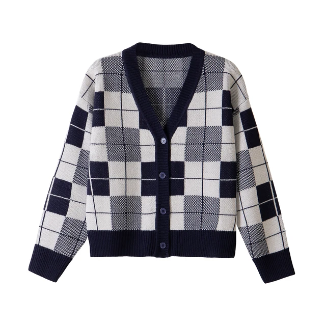 Women's Casual Long-Sleeved Top with Simple Plaid Button Design Fashionable Vintage Style for Spring Autumn New Thin Knitted Top