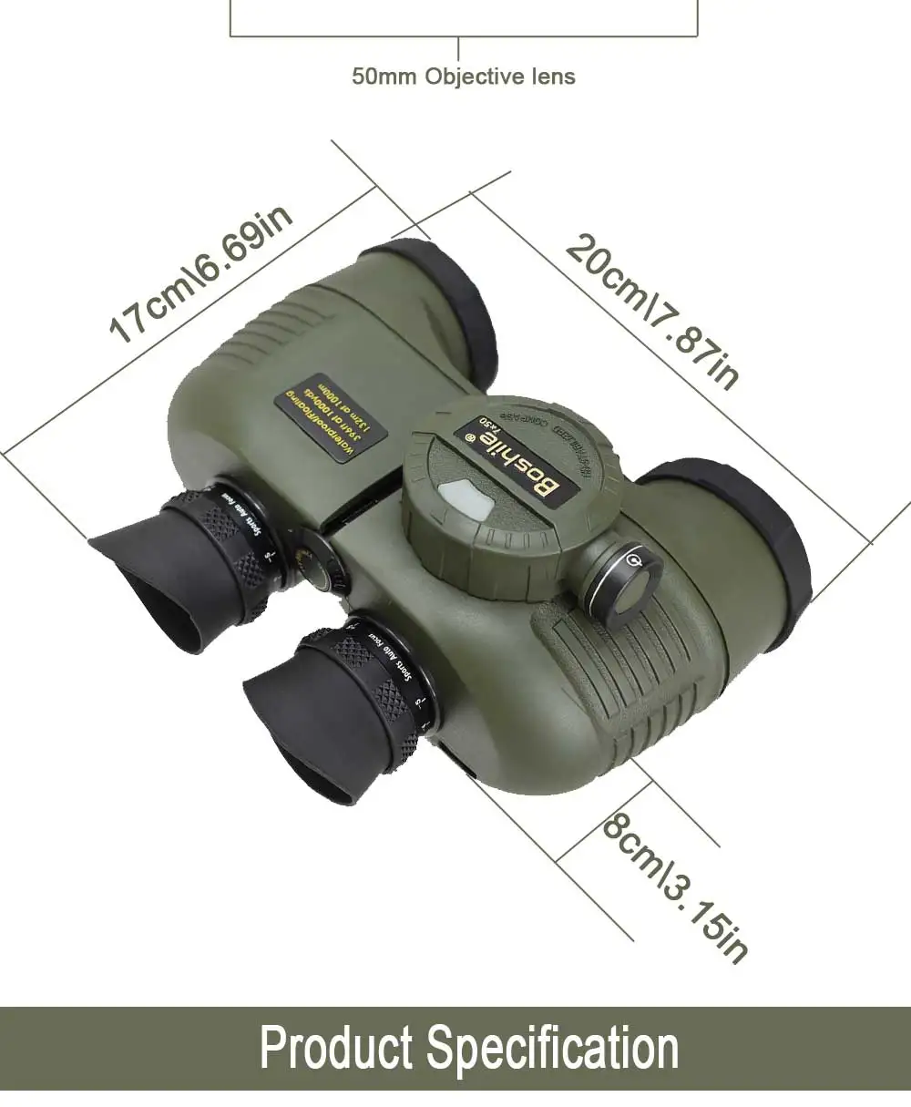 7X50 HD Porro Binoculars Waterproof Outdoor Telescope for Marine Hunting  Bird Watching with Internal Rangefinder Compass