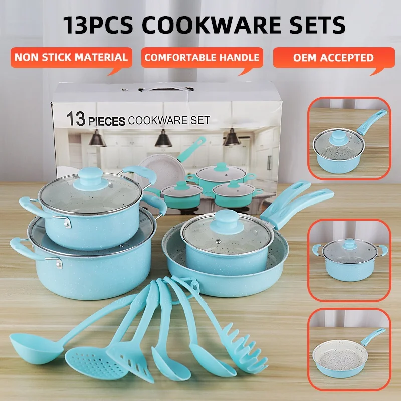 Source Shopee Hot Sale 13 Pcs Kitchen Pink Blue Pots And Pans Iron Non  Stick Cookware Sets on