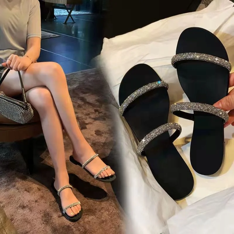 Woman's Sandals New Bling Rhinestones Flat Cross Sparkle Diamond ...
