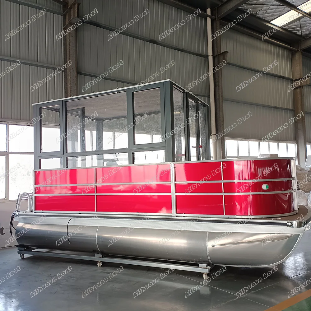 25ft Luxury Aluminium Pontoon Floats Fishing House Boat Furniture With Motor And Trailer Family