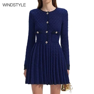 Fashion Quality Slim A-Shape Knitted Crewneck Dress for Women Viscose Breathable Button for Daily Use Knee-length Spring Autumn