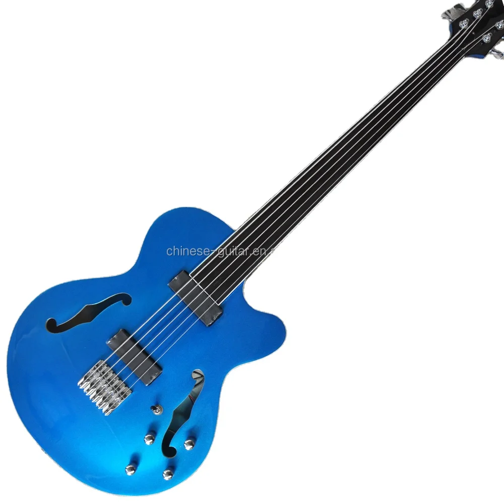 Flyoung Metal Blue 5 Strings Electric Bass Guitar Rosewood Bass Guitar Side Hole Body Bass