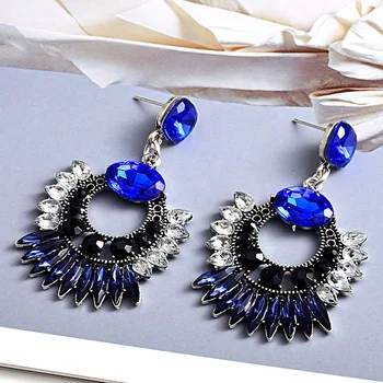 Kaimei 2021 New Design Metal Crystals Long Drop Earrings Statement Fashion Colorful Rhinestone Blue Topaz Dangle Earrings