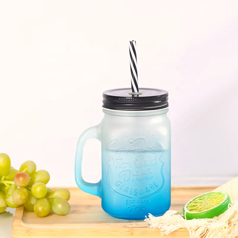 Reusable 16oz 450ml Colored Mason Glass Juice Drinking Jar With Straw Lid Glass Mug for Iced Lemon Water Juice Drinking