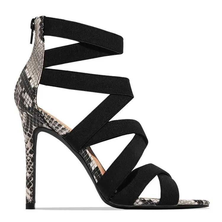 Wild Snakeskin Pointed Stiletto Sandals Ladies Fashion Super high Open Toe Elastic with Temperament high Heel Sandals MEEYA Black