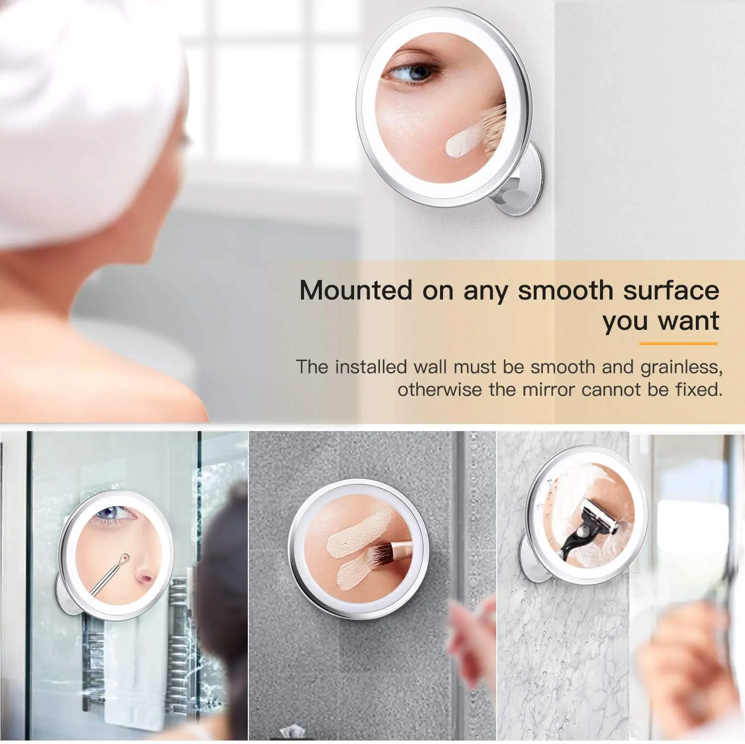 Bestope  3 Color Lighting Modes Intelligent Touch 360 Degree Rotation Bathroom LED Suction Cup Mirror 10X  Light Mirror Makeup
