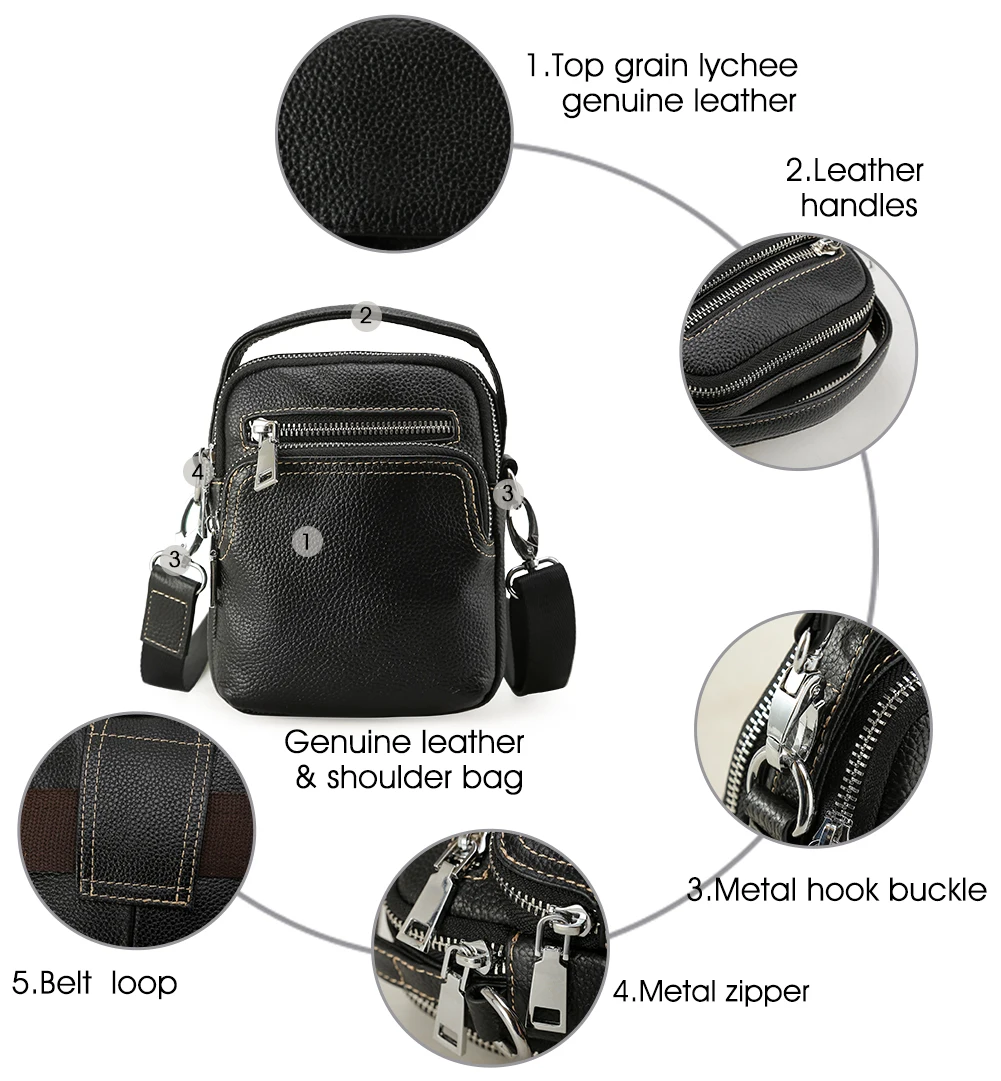 Custom ODM OEM Black Genuine Leather Men Crossbody Belt Bags Small Shoulder Cross Body Bag for Men Sling Bag