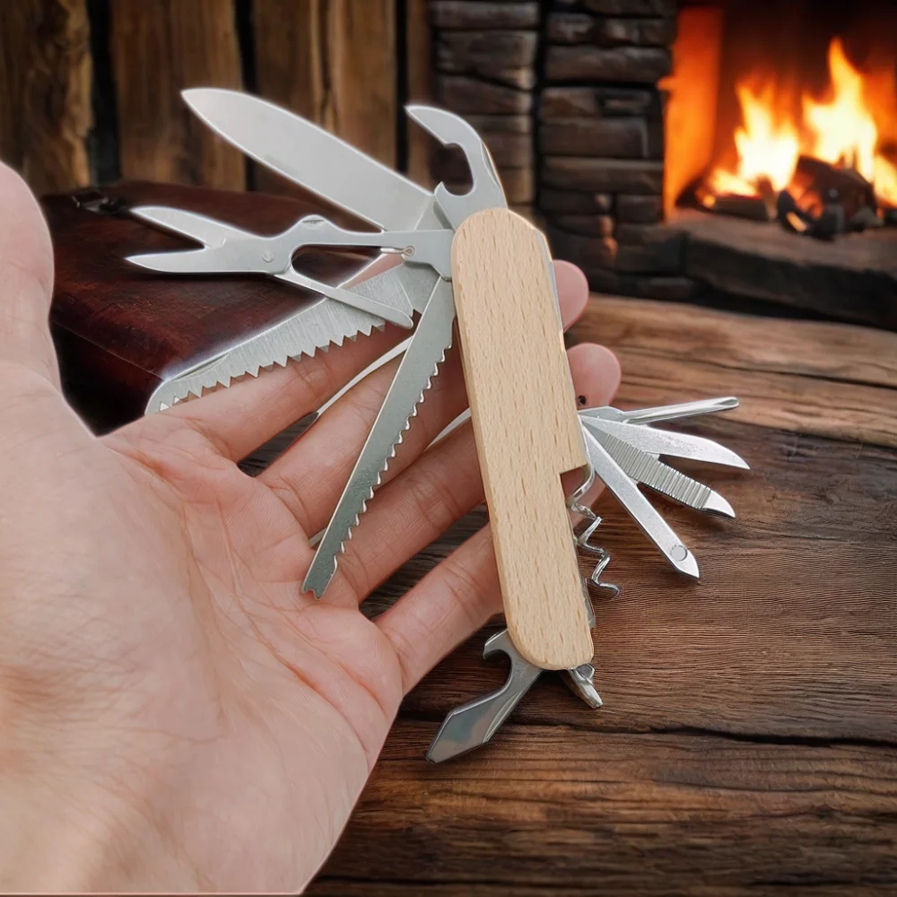11 In 1 Small Wood Handle Swiss Knife For Keychain Multitool Outdoor