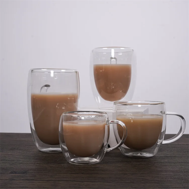 Manufacture custom multiple capacities double walled glass coffee cup mug with handle manufacture