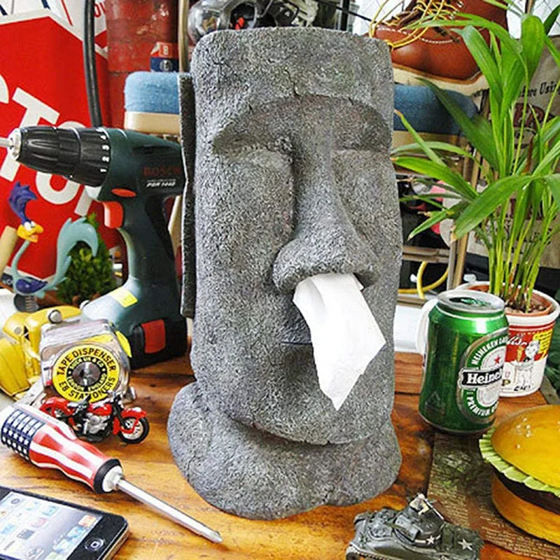 Resin Snot Type Pumping Tissue Box Moai Easter Island Stone Face Portrait Moai Tissue Box Holder