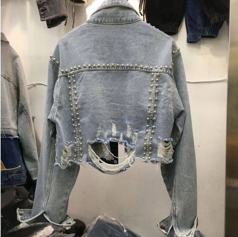 Blue Team Custom New Raw Edge Rivet Studded Denim Jacket Girl Worn