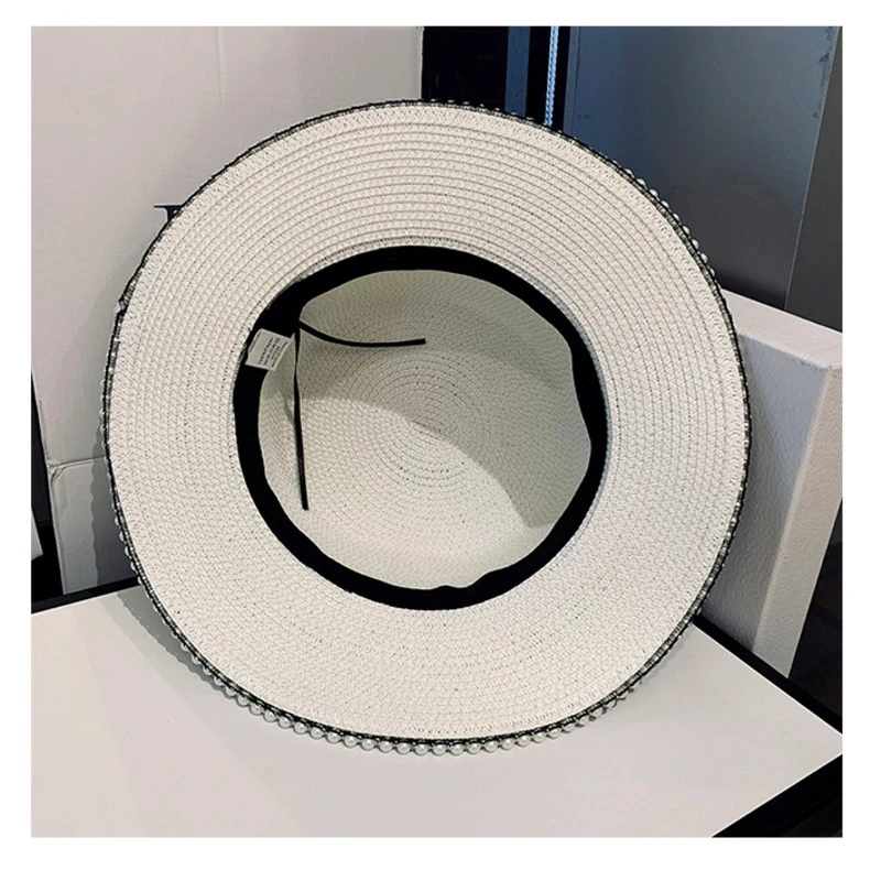 New Summer Ladies Spring Hats Flower Beads Wide Brim Jazz Panama Straw Sun Visor Beach Hat Flower Rivet Pearl Straw Hat Cap
