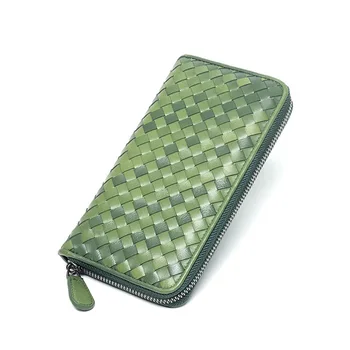 Women's Korean-Style Genuine Top Sheepskin Wallet Hand-Woven Long Clutch Open Closure Polyester Lining-Men's Women's Accessory