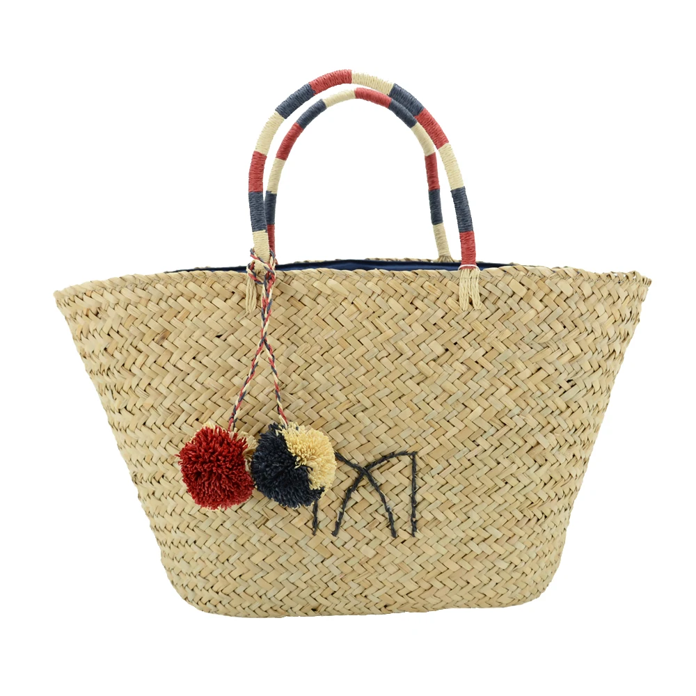 Wholesale Natural Straw Sea Grass Tote Bag Embroidery Summer Beach Handbag  Featuring Vintage Fashion Design Open Closure Cotton