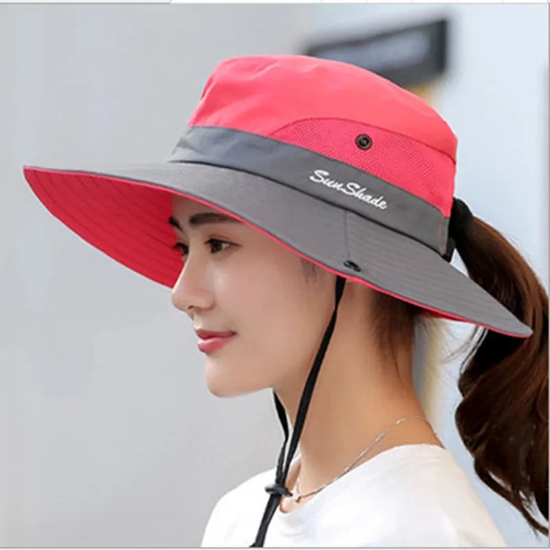 Women's Summer Mesh Wide Brim Sun Uv Protection Hat With Ponytail 
