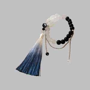 Yin Yang Style Beaded Bracelet with Gradient Tassel Black White Bead Bracelet Unique Chinese Style Jewelry for Women Gift