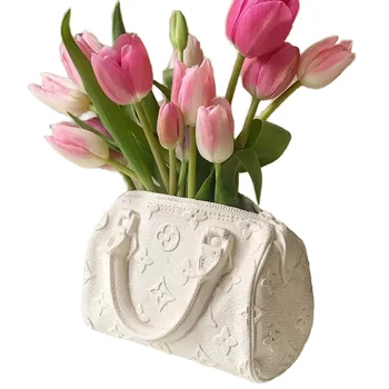 Elegant White R18 Resin Flower Purse Vase Art Deco for Modern Office Decor Vintage Wedding Unique Small Handbag Vase Flowers