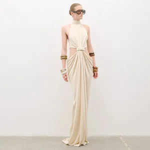Bettergirl High-quality 2026 New Fashion Knotted White Long Dress Spring New High Neck Sleeveless Party Evening Dress