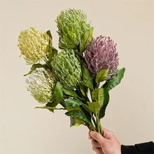 High End Plastic Simulated Protea Flower 63cm Green Purple Faux Artificial Flocking Protea Flower for Hotel Restaurant Decor