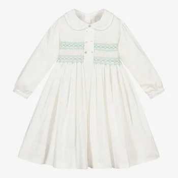 High quality fall pearlescent buttons baby girl boutique length luxury hands smocked dress