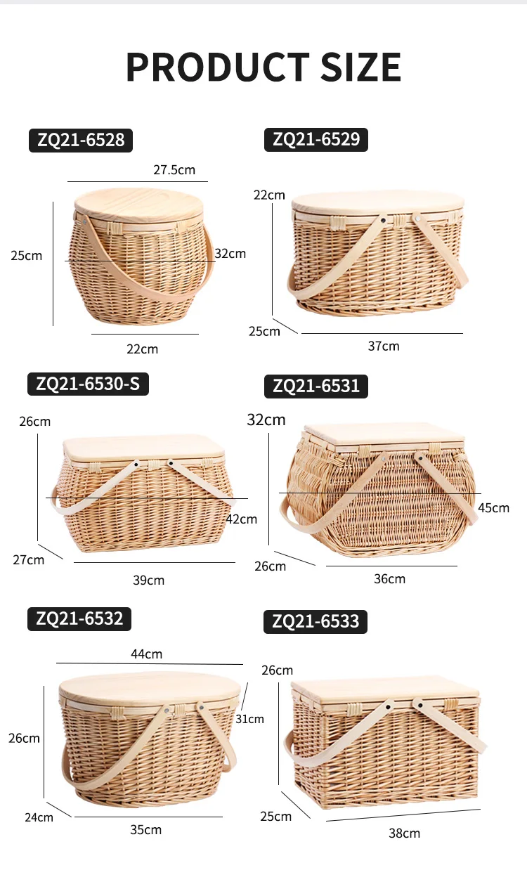 Beach Wicker Rattan Willow Insulated Wooden Lid Wood Cover Picnic Basket With Foldable Picnic