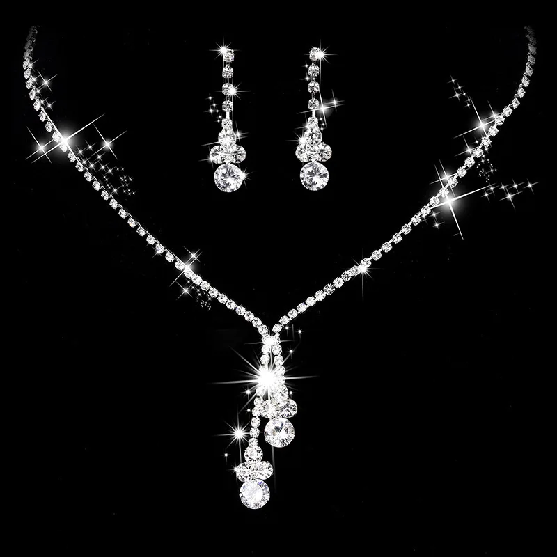 Korean Style Simple Silver Two-Piece Fashion Jewelry Set Zircon Necklace Earrings for Bride Wedding Anniversary Banquet Dress