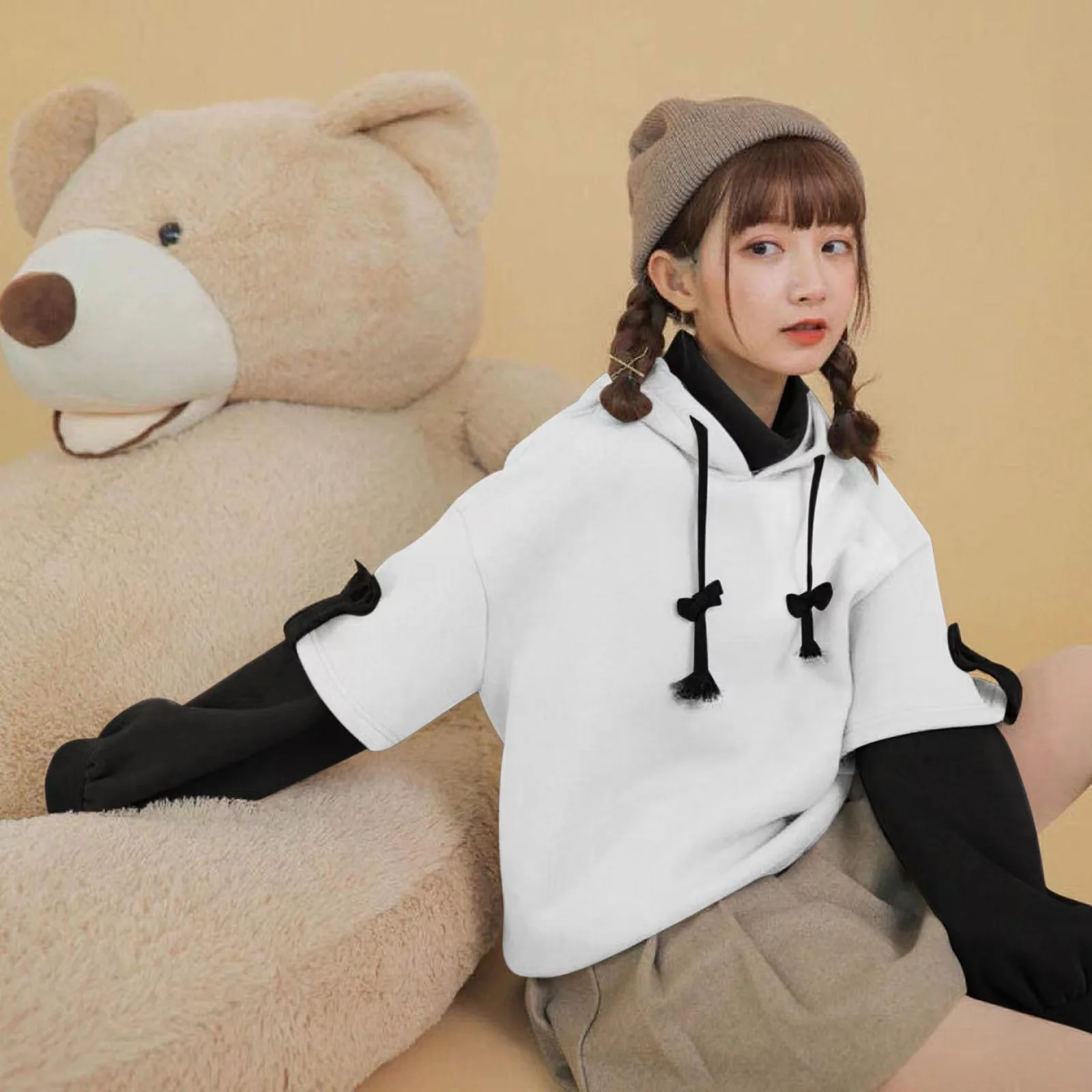 ORANDESIGNE Felpa Donna Con Cappuccio Orso Harajuku Kawaii, Morbida E Oversize, Girocollo Manica Lunga, Stile Coreano KPOP Ulzzang, Autunno Inverno