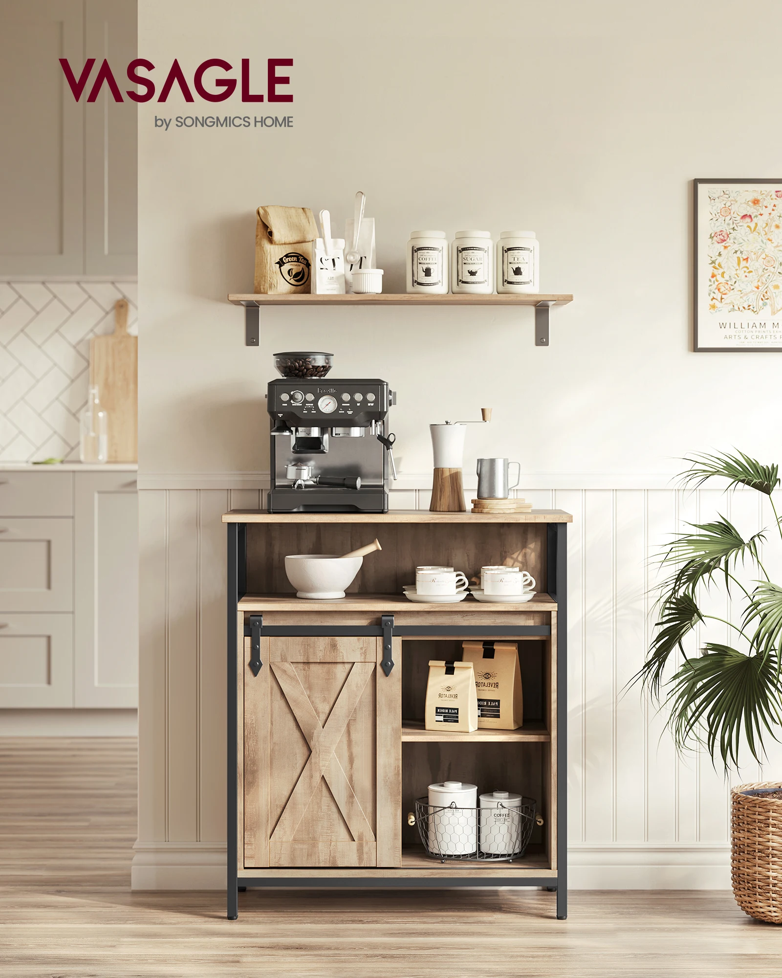 VASAGLE Kitchen Cupboard with Sliding Barn Door Multipurpose Sideboard Storage Cabinet with Adjustable Shelf