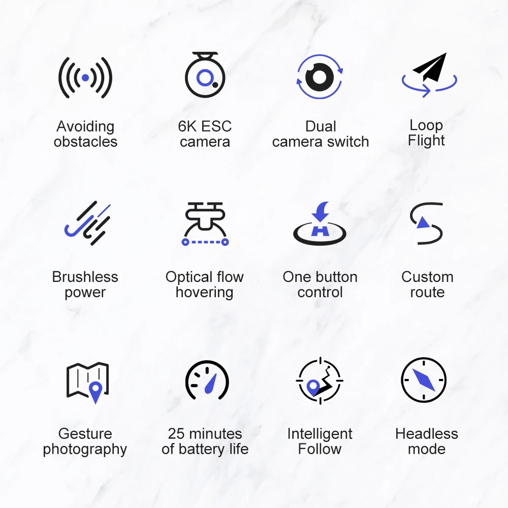 Drone 6K ESC Cámara Doble Cámara Interruptor Motor sin escobillas Potencia Drones 25 Minutos Módulo Batería Resistencia S2S - Evasión de obstáculos, cámara 6K con ESC, selección de cámara dual, capacidad de vuelo acrobático, motorización sin escobillas, estabilización por flujo óptico, interfaz de control de un solo botón, navegación por ruta personalizada, captura fotográfica mediante gestos, autonomía de 25 minutos, seguimiento inteligente y modo de vuelo headless. 360 group