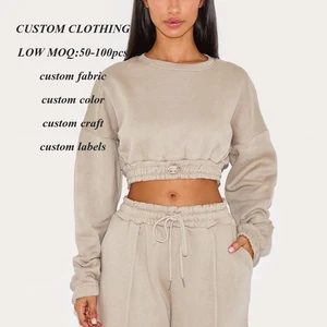 Manufacturer Oem Vintage Washed Heavy Cotton Sweatshirts Hoodies Custom logo Printed Women Elastic Bottom Cropped Sweatshirts