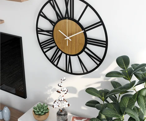 Decorative Rustic Round Metal Roman Numeral Farmhouse Wall Clock With Wood Face for Living Room Decor