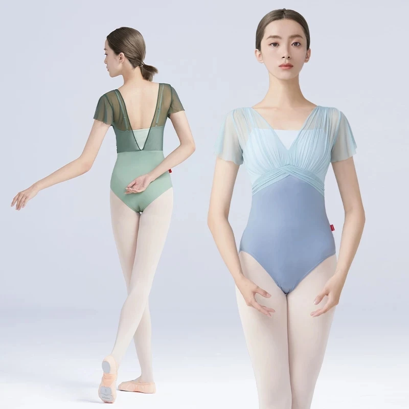 Justaucorps Danse Femme Faux Deux Pièces Dos En V Manches Courtes - Ballet Gymnastique (Light Grey, M)