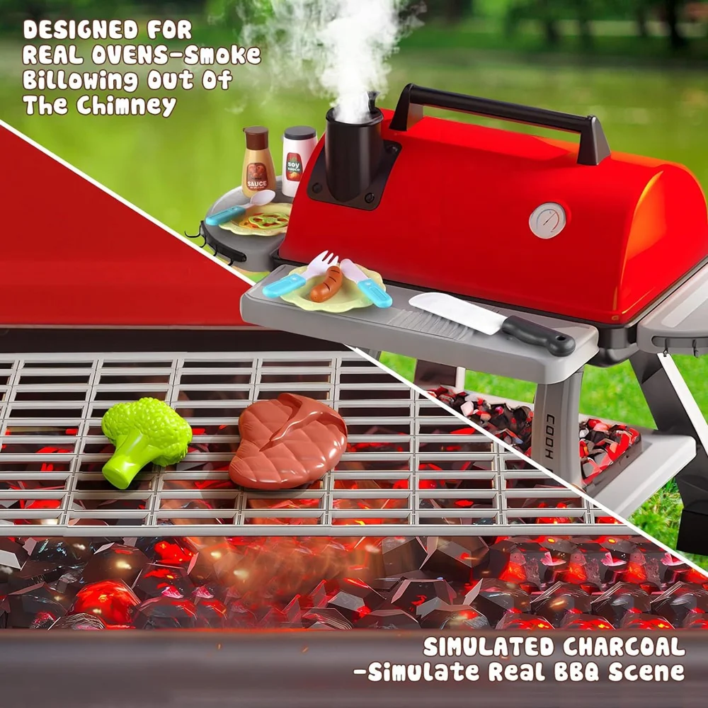 Set de barbecue jouet pour enfants de 3, 4, 5 ans et plus, garçons et filles, ensemble de cuisine avec effets de lumière, son et fumée pour le camping en plein air, cadeau de barbecue pour tout-petits
