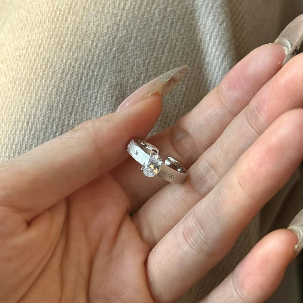 KAKODIY Adjustable Open 925 Sterling Silver Zircon Ring Engagement Women's Matte Star Oval Ring detail 9