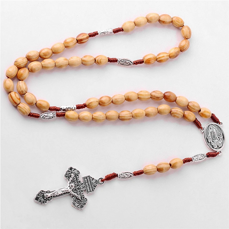 Woven Catholic Religious Items Guadalupe Rosary 8*10mm Light Brown Wooden Beads Knot Necklace