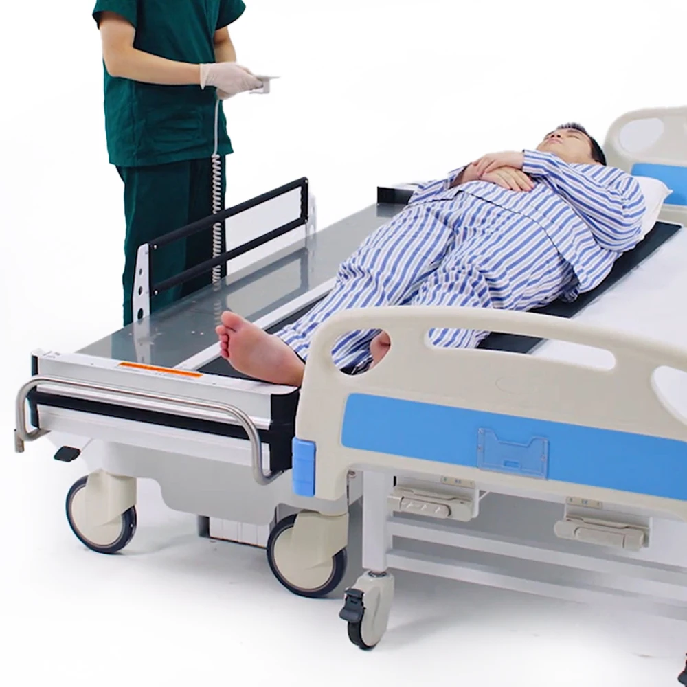 Medical electric hospital bed for patient transfer with less pain and labor compared to slide sheet or boards transfer patient