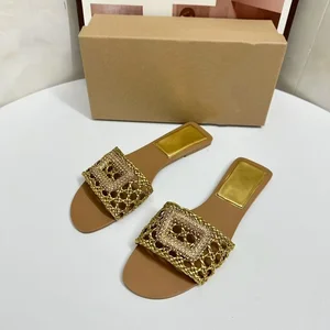 QuiteS Women's Summer Brown Woven Flat Sandals French Style Casual Slide-On with Anti-Slip Pearl Trim