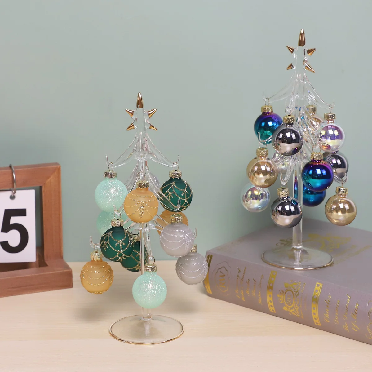 Miniature Glass Christmas Trees with hanging bauble ornaments for Christmas home table decoration supplier